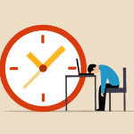 Person overwhelmed by time pressure, sitting at desk with large clock behind.