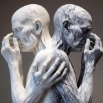 A dual-faced marble sculpture representing the psychological struggle of fear and the internal battle to face your problems.