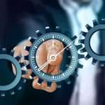 Time management concept with gears and clock showing productivity and efficiency to stop wasting time.