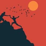 Two silhouetted figures on a mountain, one helping the other, with birds and a sun in the background.