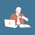 Young man working on laptop and reading book, symbolizing innovation and learning.