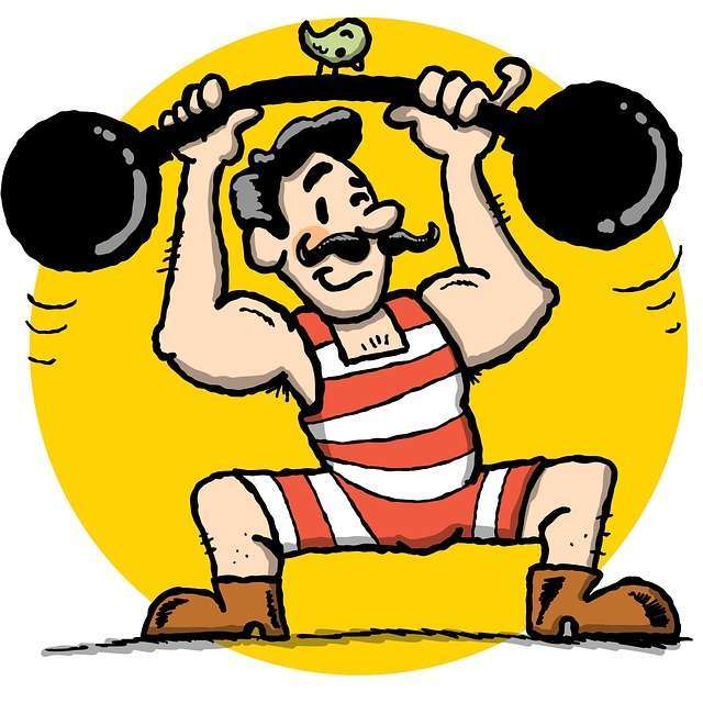 A cartoon illustration of a muscular vintage strongman with a handlebar mustache, wearing a red and white striped singlet, triumphantly lifting a heavy barbell over his head while a small bird perches on the bar.