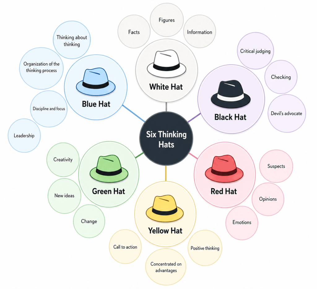 Six Thinking Hats activities for adults showing white, black, red, yellow, green, and blue hats used for problem-solving and decision-making.