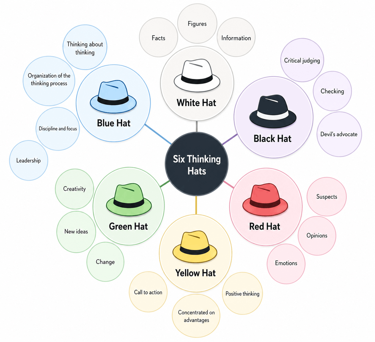 Six Thinking Hats activities for adults showing white, black, red, yellow, green, and blue hats used for problem-solving and decision-making.