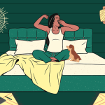 What Is The Best Wake Up Routine – woman stretching on bed in morning sunlight.