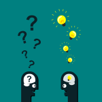 Two illustrated heads face each other, with question marks turning into glowing lightbulbs to symbolize learning, curiosity, and intelligence.