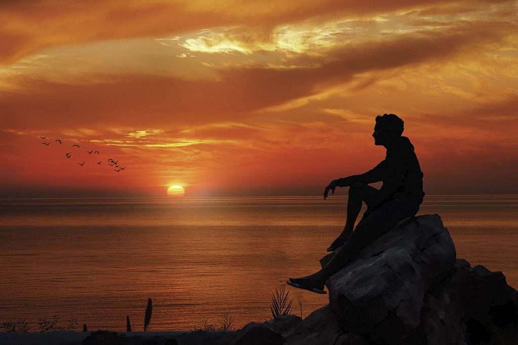 A person sitting alone on a rock overlooking the ocean at sunset, reflecting introspection and thoughtful observation.