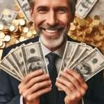 A smiling businessman holding fans of hundred-dollar bills with gold coins in the background, illustrating financial freedom and how to become rich.