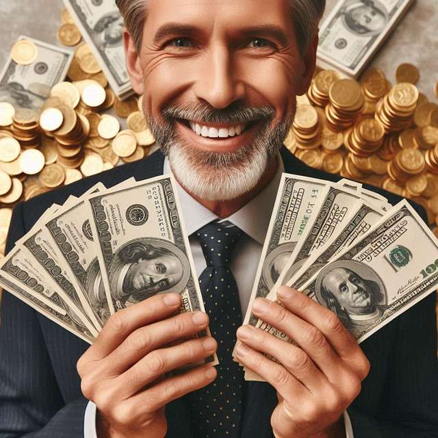 A smiling businessman holding fans of hundred-dollar bills with gold coins in the background, illustrating financial freedom and how to become rich.