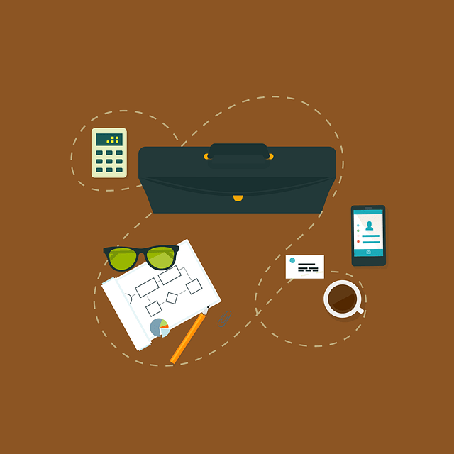 Flat lay illustration of workspace essentials including a briefcase, smartphone, calculator, eyeglasses, flow chart, and a cup of coffee for daily productivity.