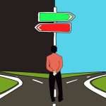 A man standing at a fork in the road under a signpost with green and red arrows, illustrating an early decision synonym or choice path.