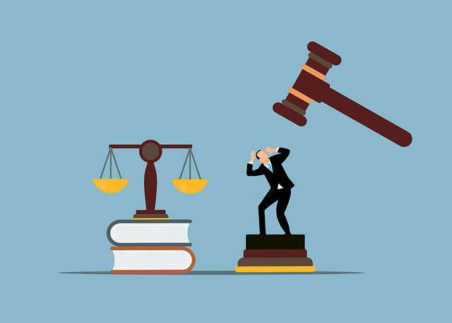 Illustration of a judge's gavel looming over a businessman next to a scale of justice on books, symbolizing a legal decision synonym or verdict.