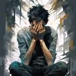 An artistic painting of a distressed man sitting cross-legged with his face buried in his hands, capturing the psychological weight and how to respond when you are insulted.