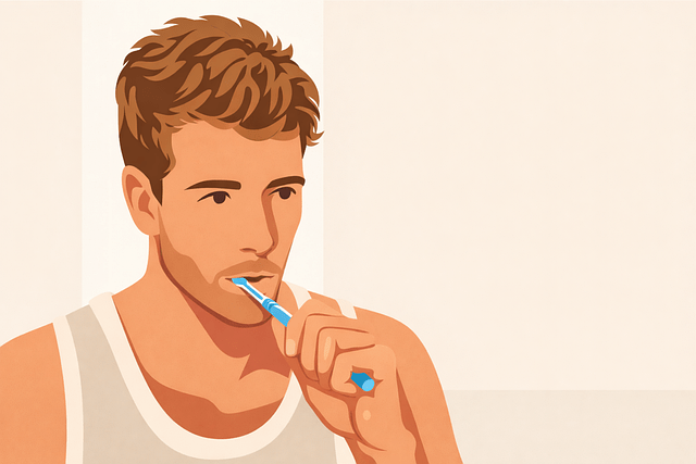 Illustration of a young man with brown hair brushing his teeth with a blue toothbrush as part of a daily morning routine.