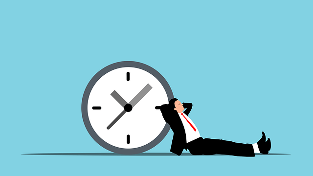 Minimalist vector illustration of a businessman in a suit leaning back and relaxing against a giant white wall clock.