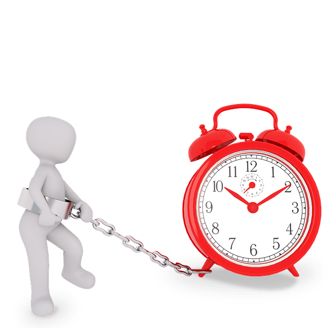 3D white cartoon figure chained and locked to a large red vintage alarm clock, symbolizing time management struggles or a hectic schedule.