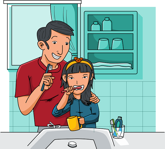 Cartoon illustration of a smiling father and his young daughter brushing their teeth together at the bathroom sink during a morning routine.