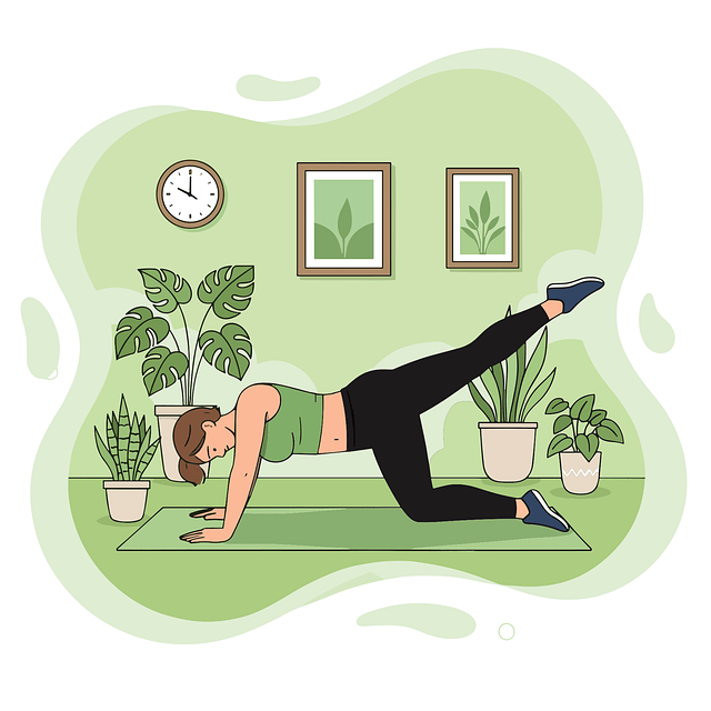 Flat design illustration of a woman doing a leg-lift workout on a green yoga mat in a room filled with houseplants and a wall clock.