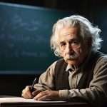 Albert Einstein IQ - Some Interesting Facts About Einstein: An illustration of an elderly Albert Einstein sitting at an organized study desk filled with books, documents, and a desk lamp, looking thoughtfully at the camera.