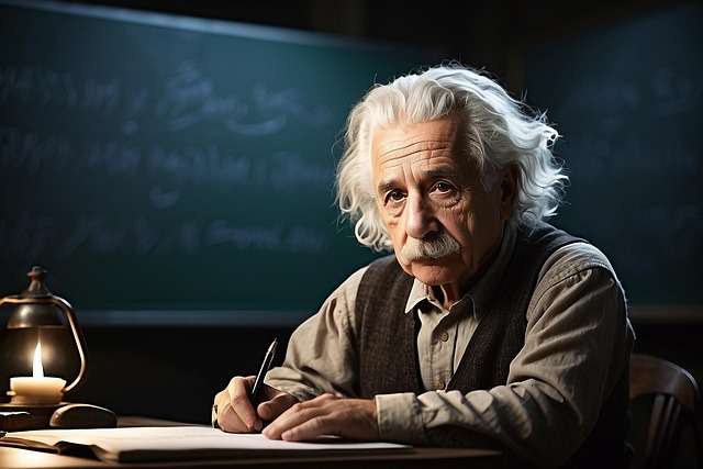 Albert Einstein IQ - Some Interesting Facts About Einstein: An illustration of an elderly Albert Einstein sitting at an organized study desk filled with books, documents, and a desk lamp, looking thoughtfully at the camera.