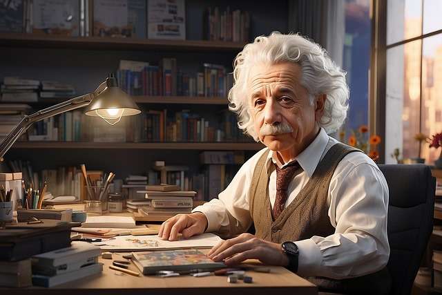 Albert Einstein IQ - Some Interesting Facts About Einstein: A portrait of Albert Einstein holding a pen and writing on paper at a desk, with a lit candle beside him and a chalkboard covered in equations in the background.