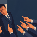 Illustration of a sad man in a suit cornered against a wall while multiple hands point at him, representing social judgment and learning how to stop caring what people think.