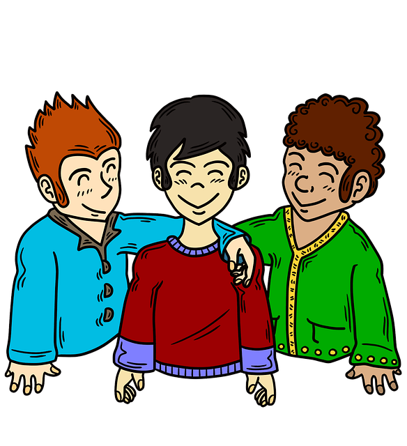 Cartoon drawing of three friends smiling and embracing, showcasing positive relationships and building self-confidence as a step in how to stop caring what people think.