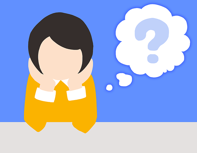 Vector illustration of a person resting their head in their hands with a question mark in a thought bubble, depicting overthinking and learning how to stop caring what people think.