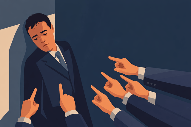 Illustration of a sad man in a suit cornered against a wall while multiple hands point at him, representing social judgment and learning how to stop caring what people think.
