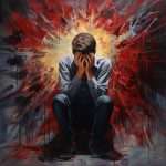 Artistic painting of a man sitting with hands over his face surrounded by vibrant red and yellow energy, symbolizing social anxiety and feeling overwhelmed.
