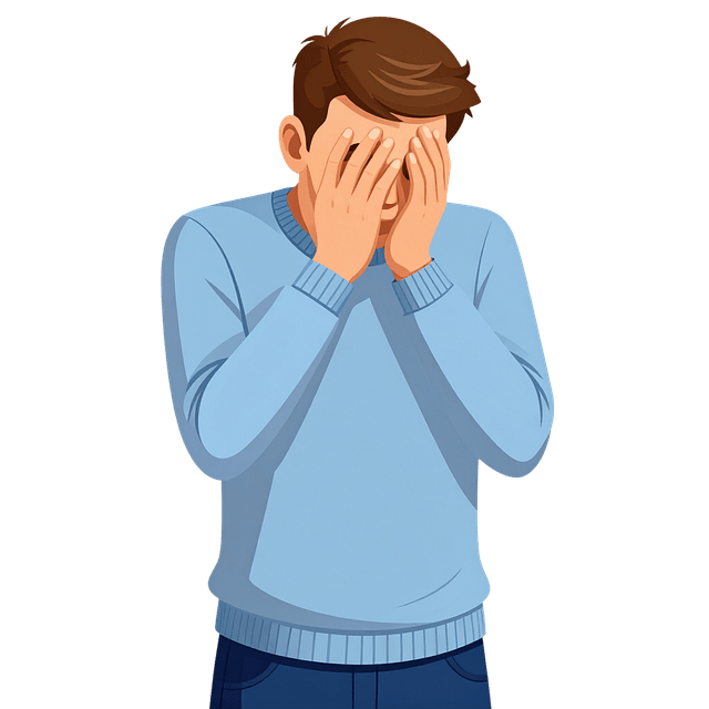 Illustration of a young man covering his face in self-consciousness, representing initial feelings of shyness.
