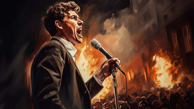 Dramatic illustration of a man speaking passionately into a microphone in front of a crowd, representing active communication practice to build confidence.
