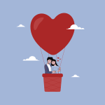 Vector illustration of a happy couple hugging inside a heart-shaped hot air balloon basket, illustrating healthy relationship goals.