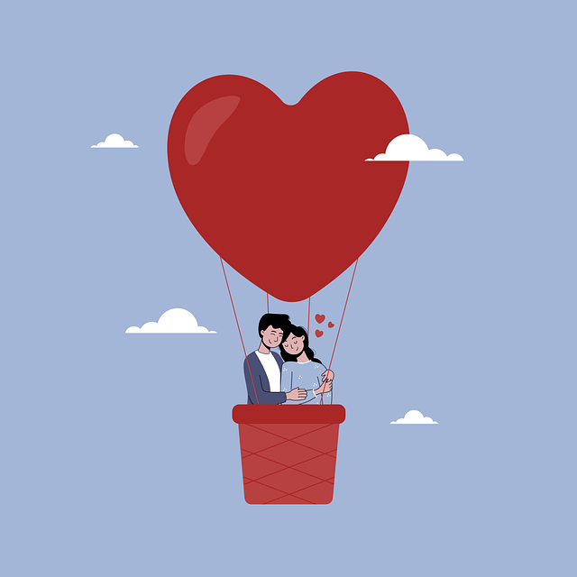 Vector illustration of a happy couple hugging inside a heart-shaped hot air balloon basket, illustrating healthy relationship goals.