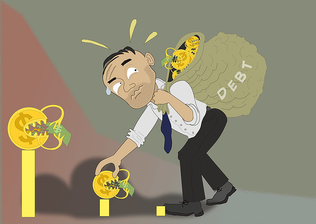 Cartoon graphic of a stressed man carrying a heavy sack labeled DEBT while reaching for money, highlighting financial struggle lessons in a Rich Dad Poor Dad Summary.