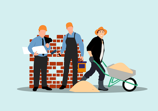 Graphic of construction workers and a project supervisor building a brick wall, illustrating the hard work and employment concepts analyzed in a Rich Dad Poor Dad Summary.