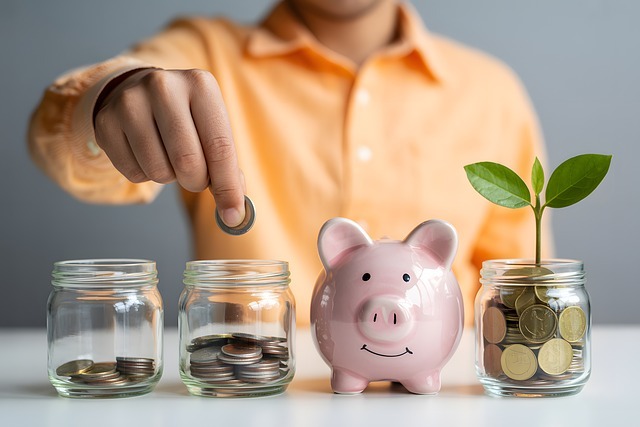 A person putting a coin into glass jars next to a piggy bank and a growing plant, illustrating how to stop spending money and build wealth.