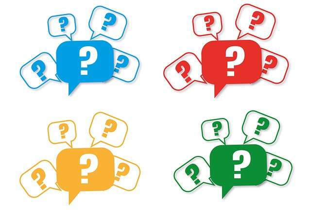 Four sets of colorful speech bubbles with question marks, symbolizing financial questions, budgeting choices, and learning how to manage expenses.