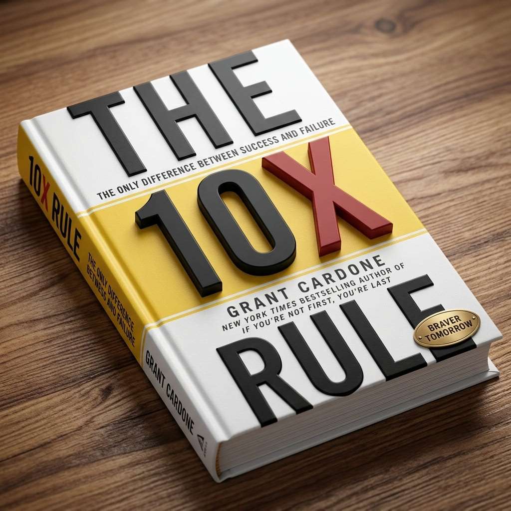 The 10X Rule book by Grant Cardone on a wooden desk illustrating high-performance goal setting and success strategies.