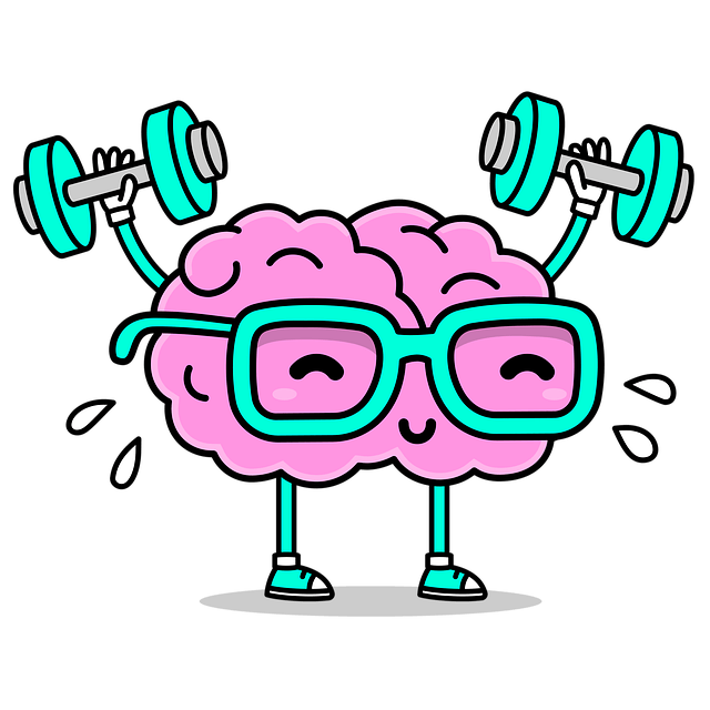 Cute cartoon brain wearing glasses lifting dumbbells to represent building a good sense of humor.