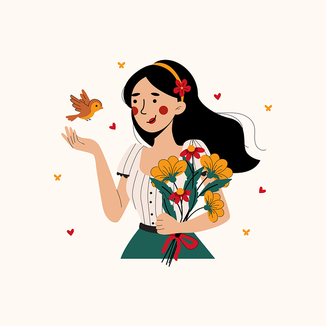 Vector illustration of a happy woman holding flowers with a small bird landing on her hand.