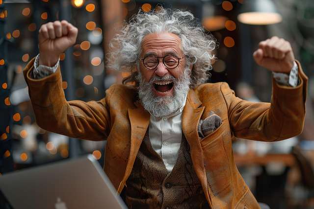 Joyful senior man laughing excitedly in front of a laptop, representing how to build a good sense of humor.
