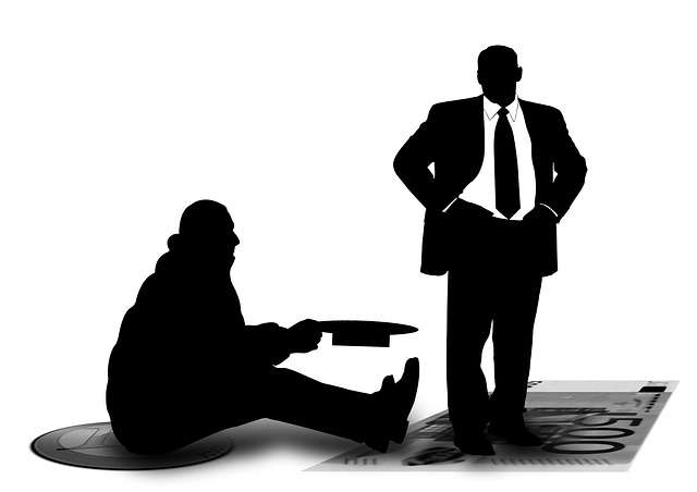 Silhouette contrasting a wealthy businessman standing on money and a seated beggar holding a hat, illustrating rich vs poor mindset differences from Secrets of the Millionaire Mind.