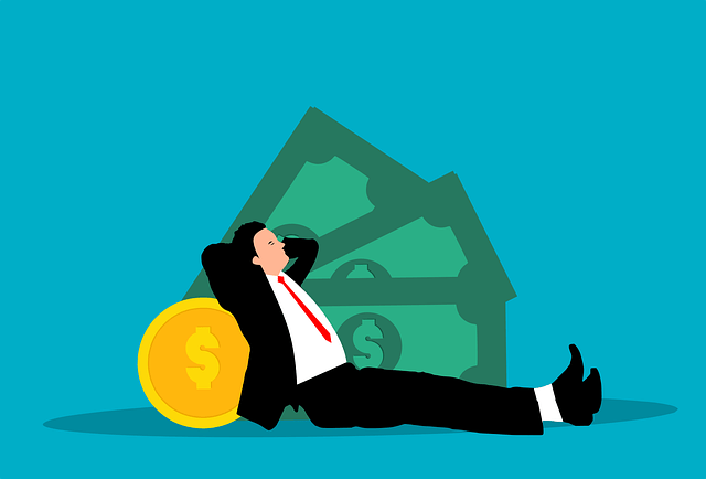 Graphic illustration of a relaxed businessman resting against a large gold dollar coin and money stack, symbolizing financial freedom and wealth building.