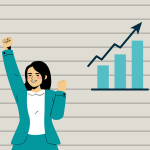 Smiling woman celebrating near a growth chart representing self-confidence increase and personal development milestones