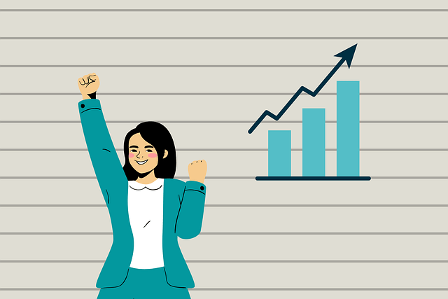 Smiling woman celebrating near a growth chart representing self-confidence increase and personal development milestones
