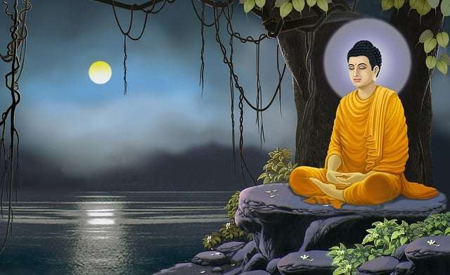 Illustration of Buddha meditating under a tree representing mindfulness in The Power of Now summary.