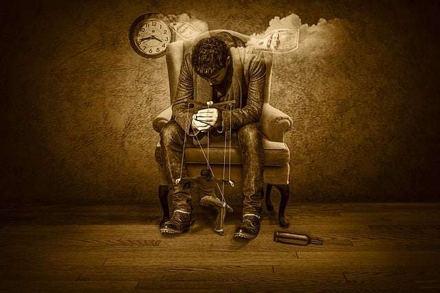 Surreal conceptual artwork of a man controlling a puppet representing mind control, stress, and depression.