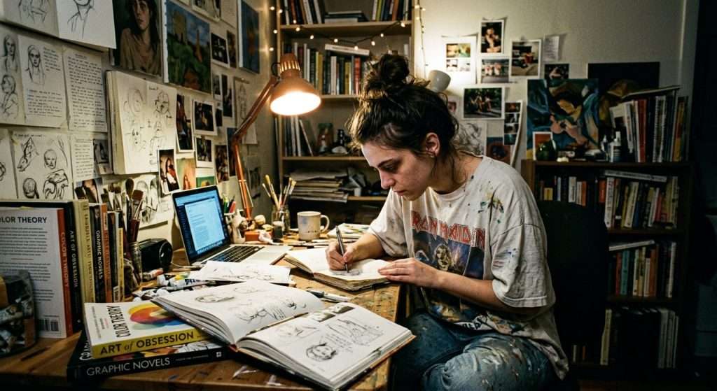 Focused artist working late at a cluttered studio desk, illustrating deep obsession and extreme effort required by the 10X Rule.