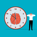 Stressed man holding his head next to a clock with a brain face, illustrating how to stop overthinking right now and manage anxiety.